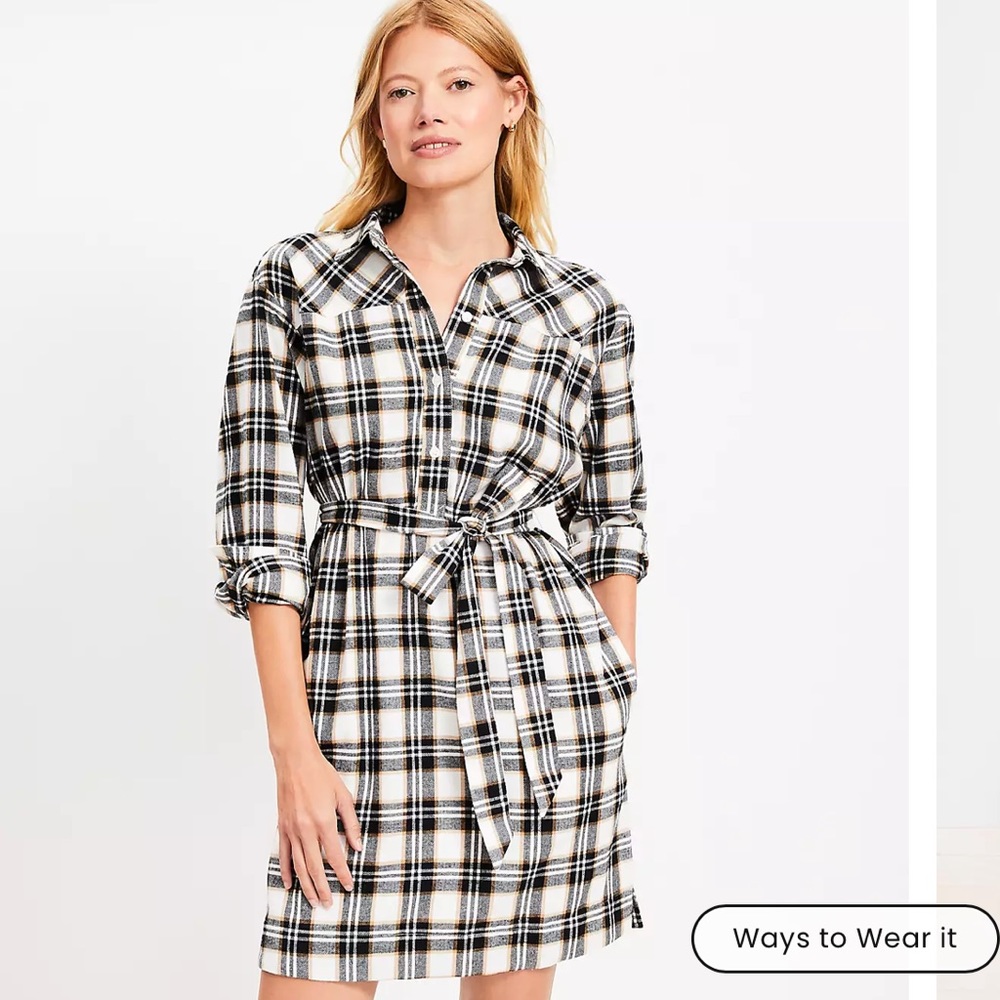 LOFT Black, White & Tan Plaid Shirt Dress